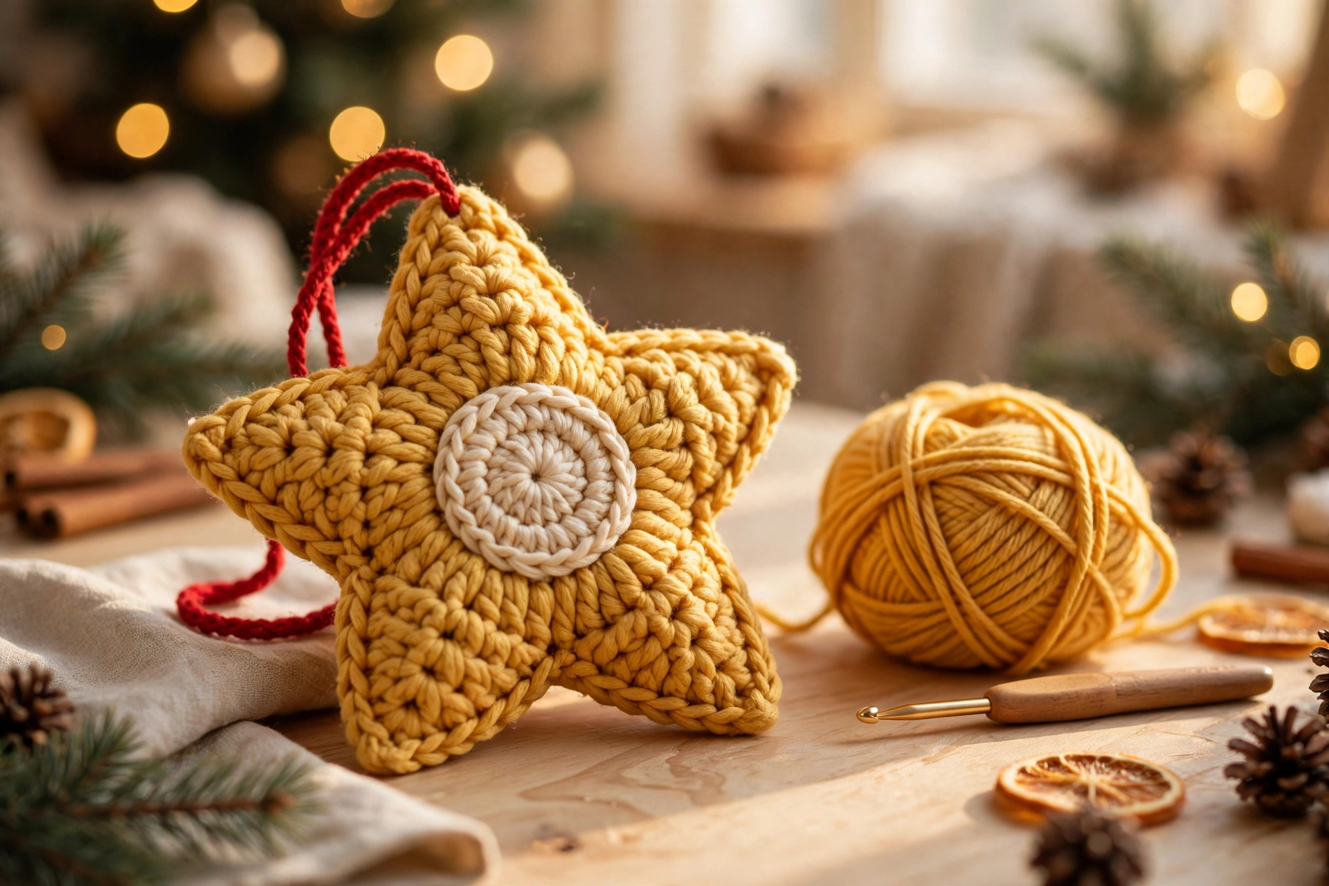 Finished golden crochet Christmas star ornament with cream centre