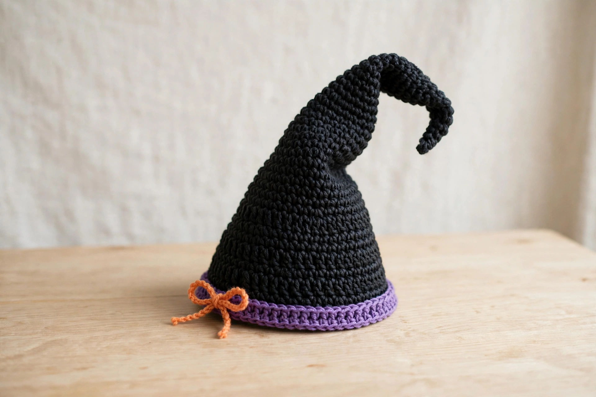 Finished crochet witch hat pattern: tall black hat with bent tip, purple band and orange bow