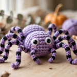 Finished purple crochet spider pattern amigurumi with striped legs and safety eyes