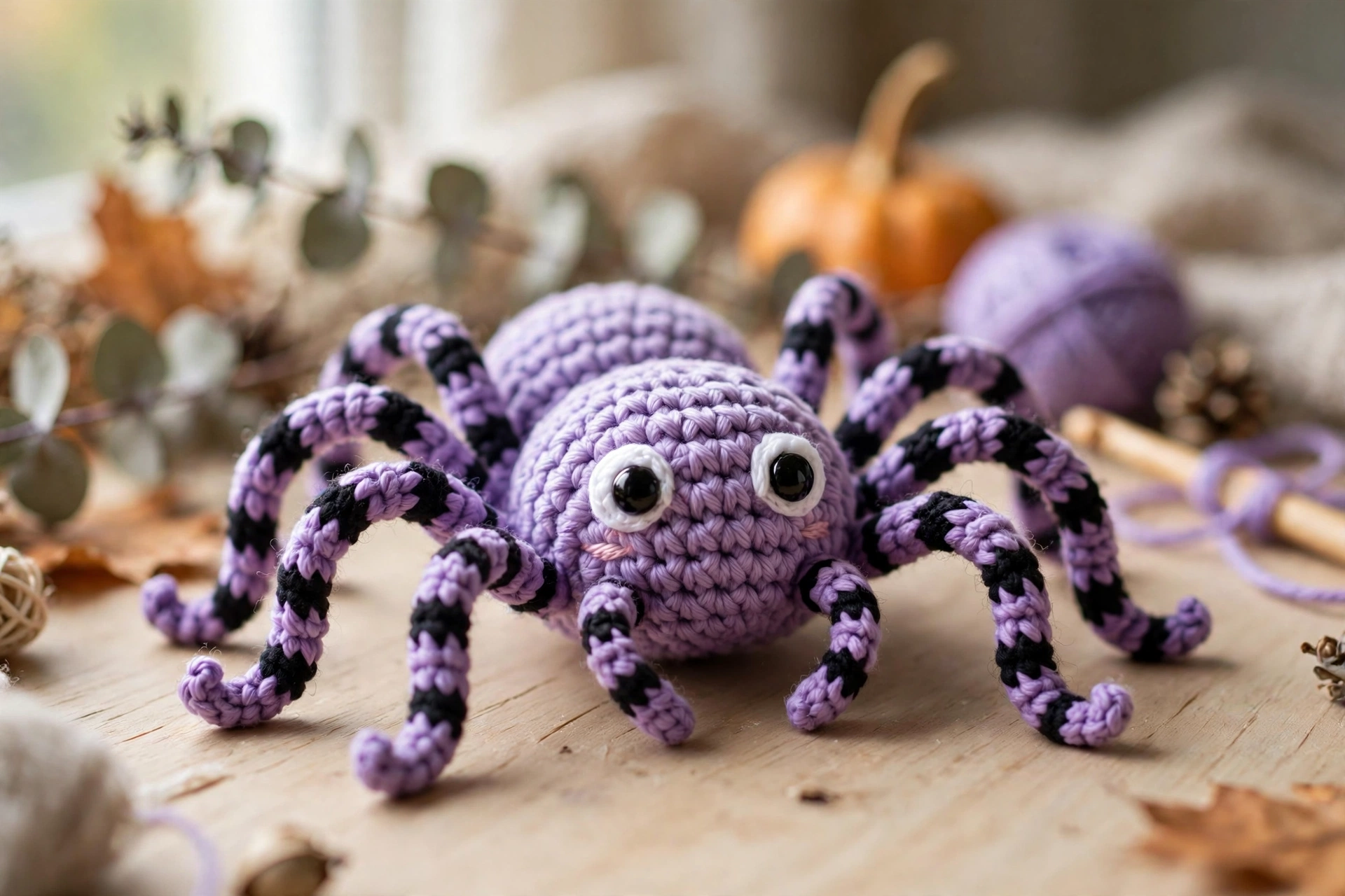 Finished purple crochet spider pattern amigurumi with striped legs and safety eyes