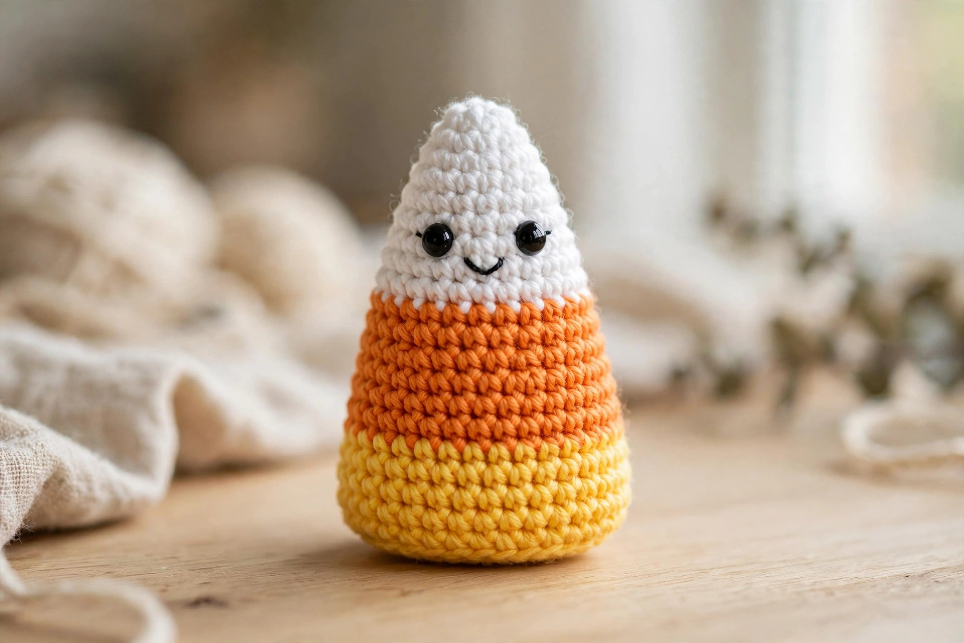 Finished crochet candy corn pattern amigurumi character with striped white, orange and yellow body and smiling face