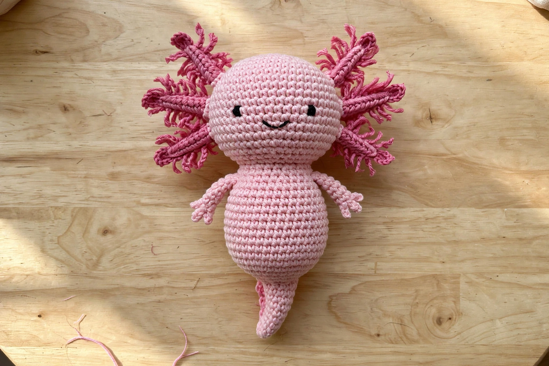 Finished pink crochet axolotl amigurumi with frilly gills