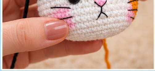 Close-up of the calico cat's embroidered face