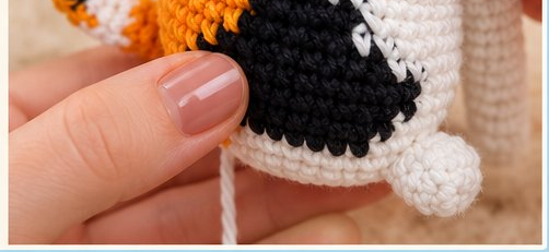 Attaching details to the calico cat's patchy body