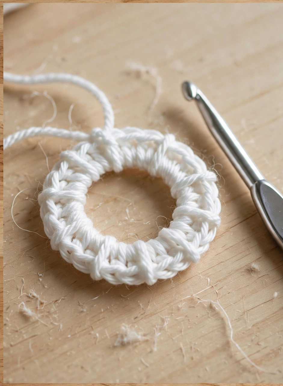 Magic ring start of the crochet ghost pattern with white yarn and crochet hook