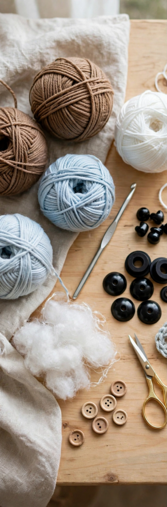 Crochet materials for the teddy bear amigurumi: brown, light blue and white yarn, hook, safety eyes, fiberfill and buttons