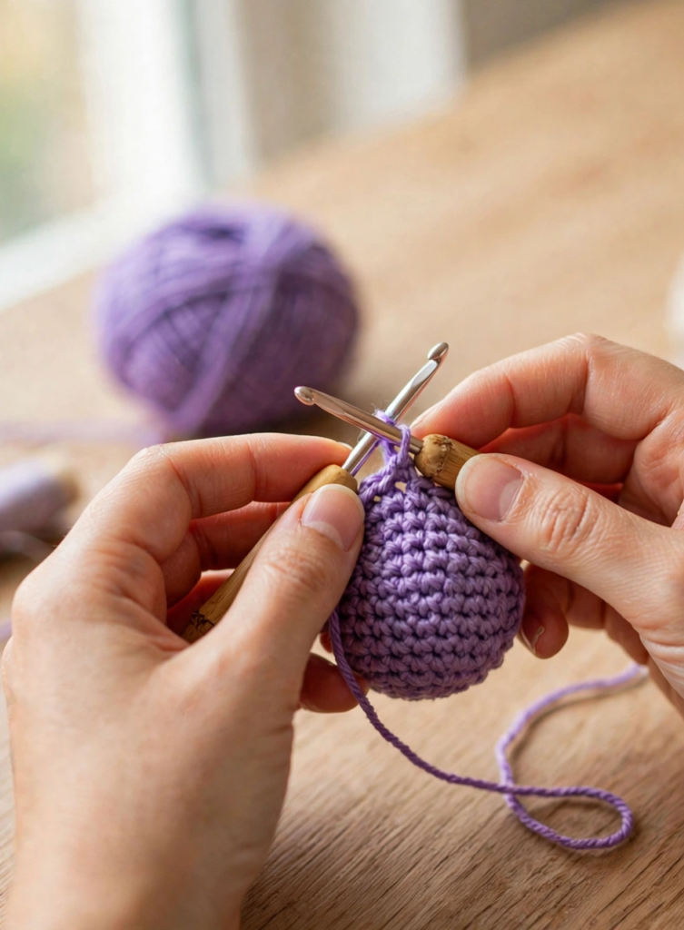 Starting the crochet octopus pattern head with a magic ring in purple yarn