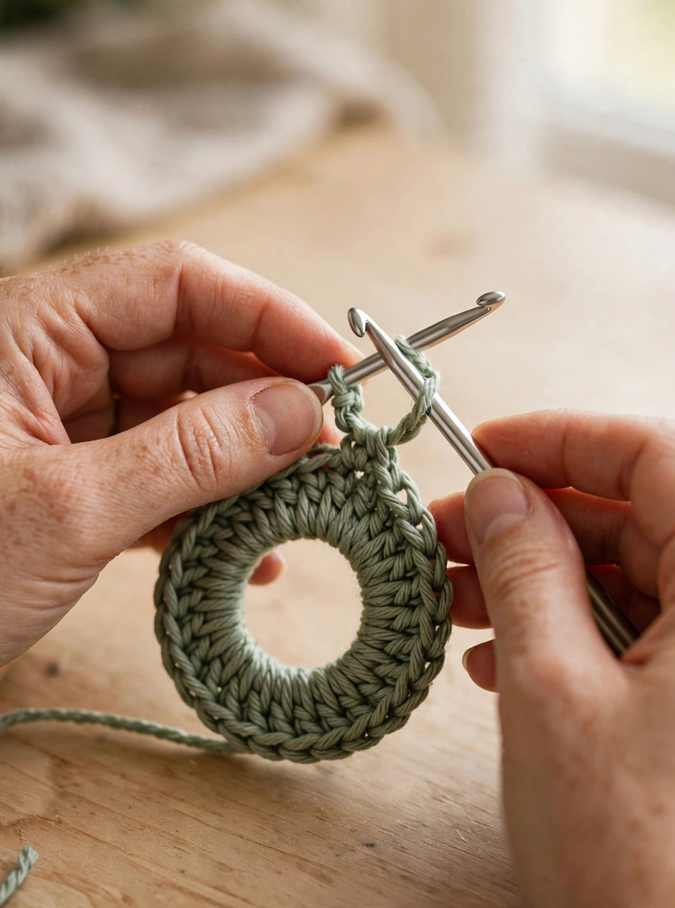 Starting the crochet turtle pattern shell with a magic ring in sage green yarn