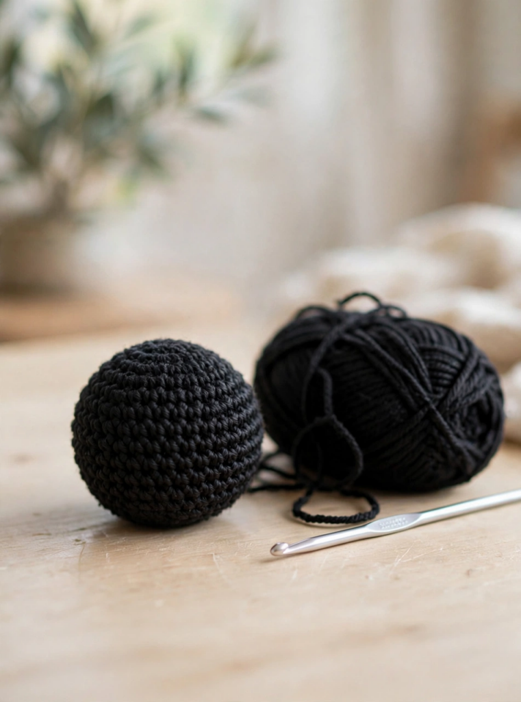 Black crochet sphere body for the crochet penguin pattern with yarn and hook