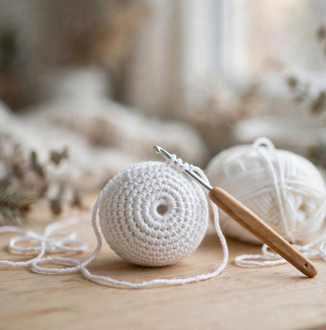 Step 1 - Starting the white snowman body with a magic ring and white yarn