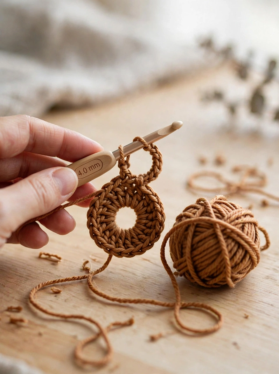 Crochet reindeer pattern step 1: starting the brown reindeer head with a magic ring and brown yarn