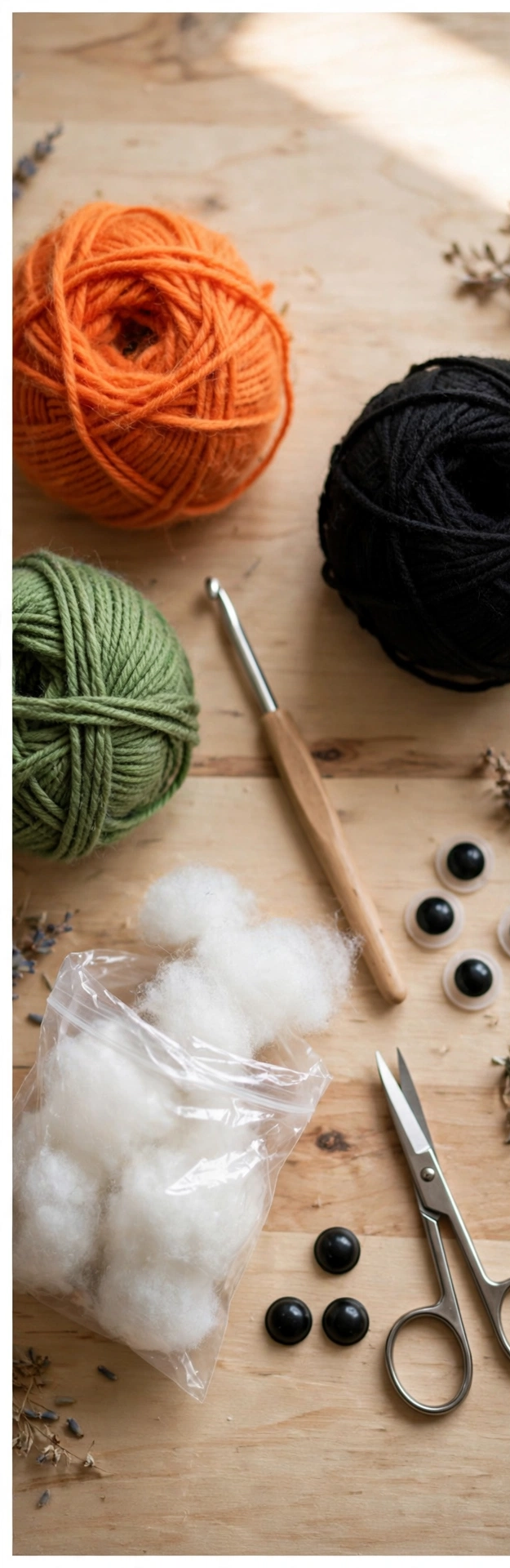 Crochet materials for a Halloween pumpkin: orange, green and black yarn, crochet hook, safety eyes, fiberfill and scissors