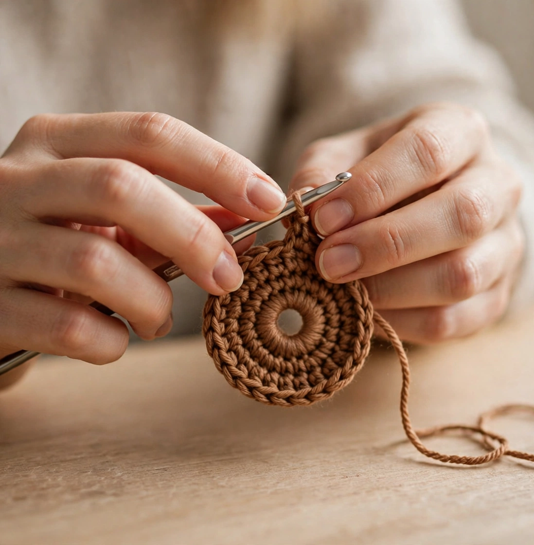 Crochet gingerbread man pattern step 1: starting the brown gingerbread head with a magic ring