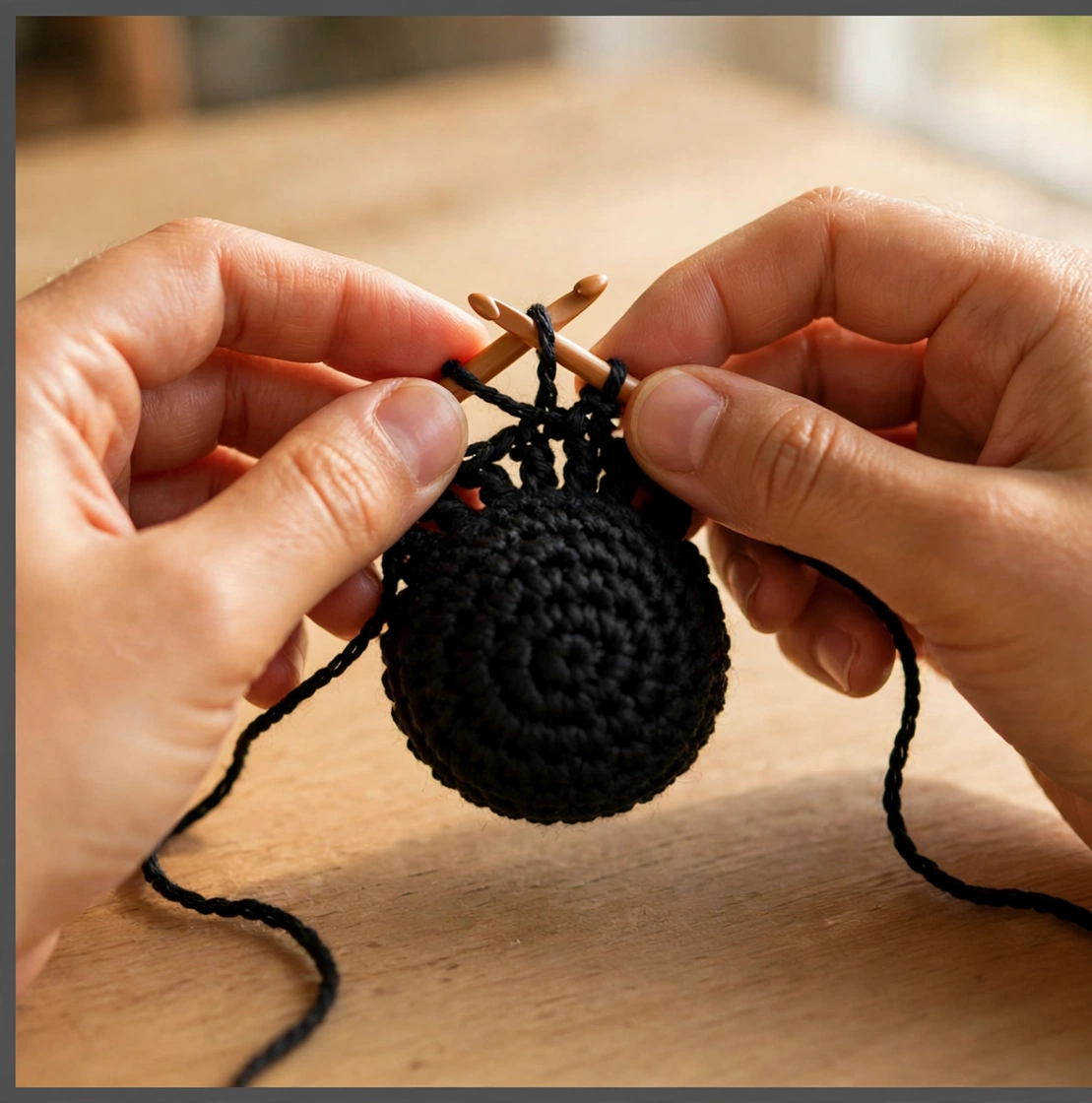 Starting the crochet bat pattern with a magic ring in black yarn