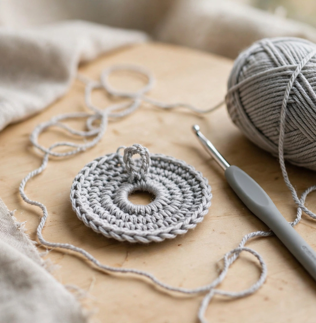 Step 1 of the crochet Christmas gnome pattern: starting the grey round body with a magic ring.