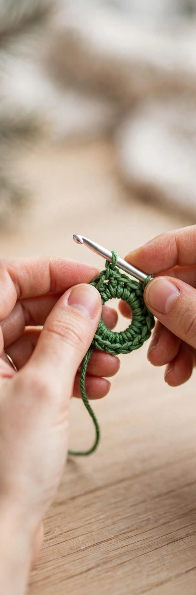 Step 1 of the crochet Christmas tree pattern: starting the magic ring with green yarn