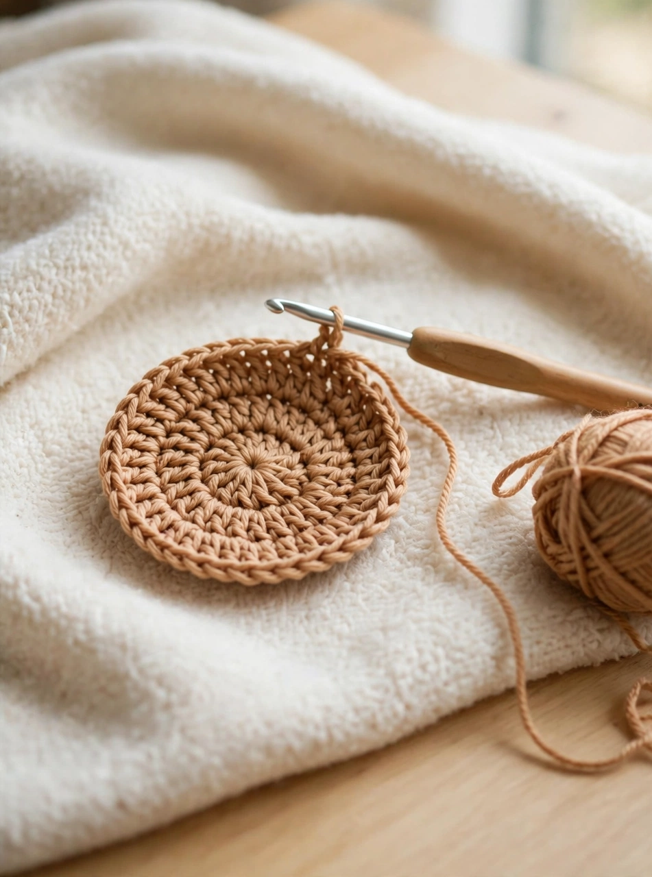 Crochet baby bear hat pattern step 1: the flat caramel crown circle with the hook in the working loop