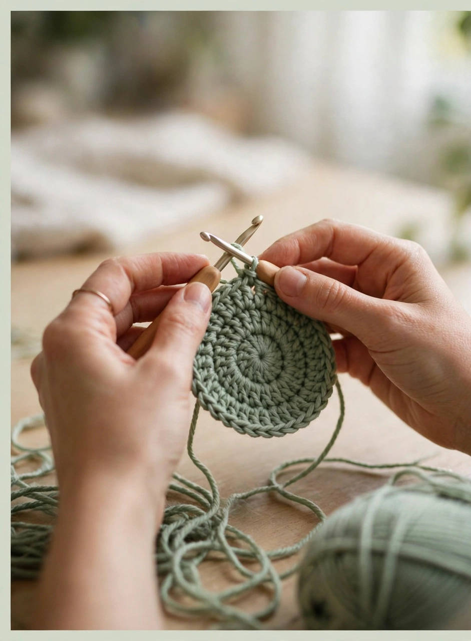 Crochet bear ears hat pattern step 1: crocheting the flat sage green crown circle from a magic ring