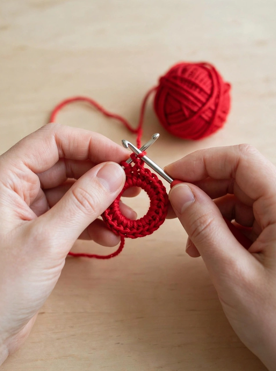 Step 1 of the crochet candy cane pattern: starting the magic ring with red yarn