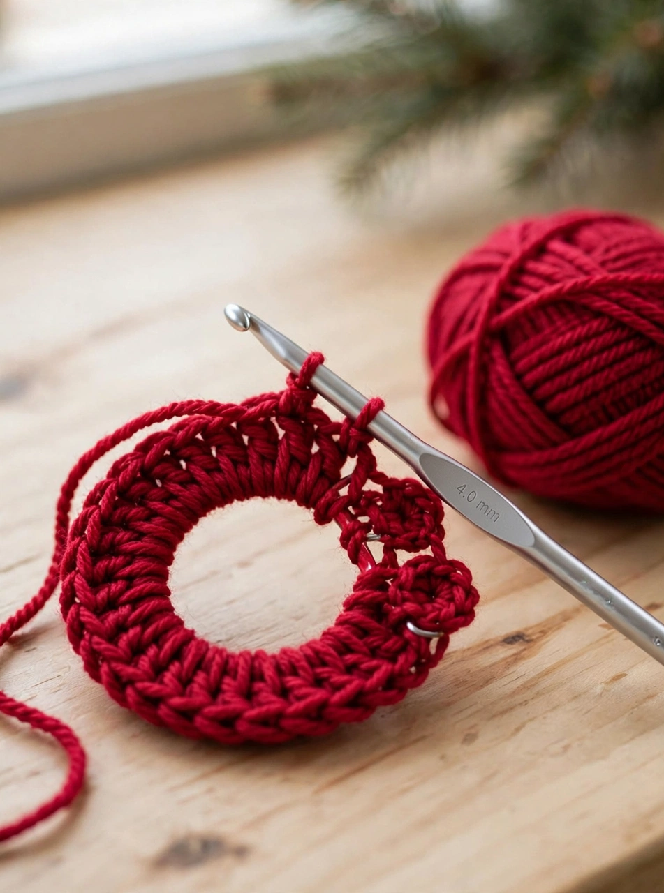 Crochet Christmas stocking pattern step 1: magic ring worked in cranberry red yarn on a 4.0 mm crochet hook