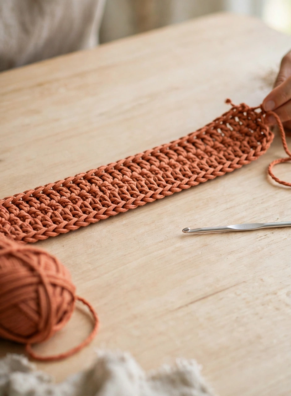 Foundation chain for the crochet tote bag pattern in terracotta yarn