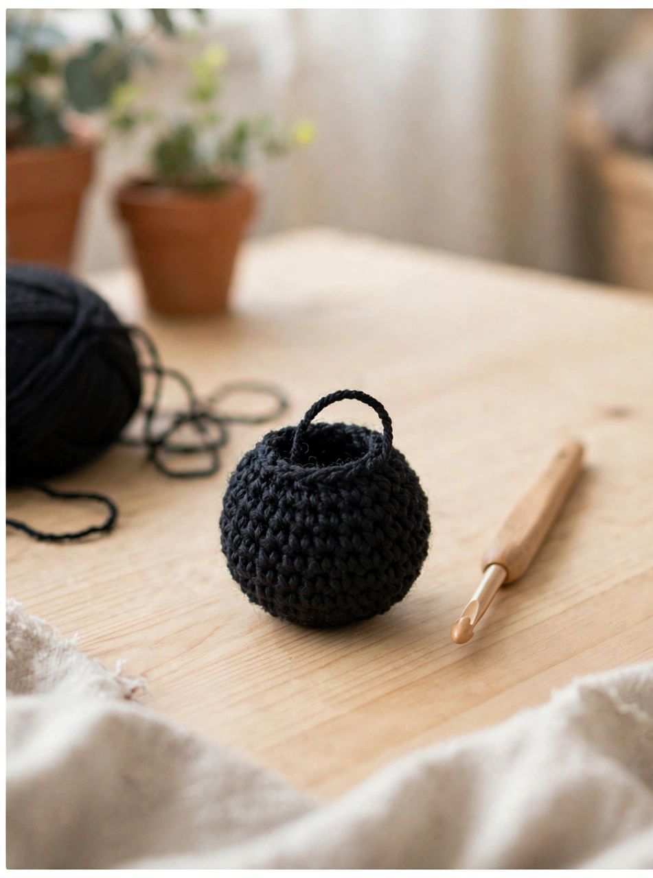 Magic ring start of the crochet black cat pattern — small black crocheted ball beside a hook and black yarn