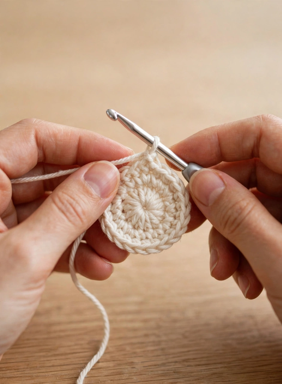 Starting the crochet mummy pattern with a magic ring in cream yarn