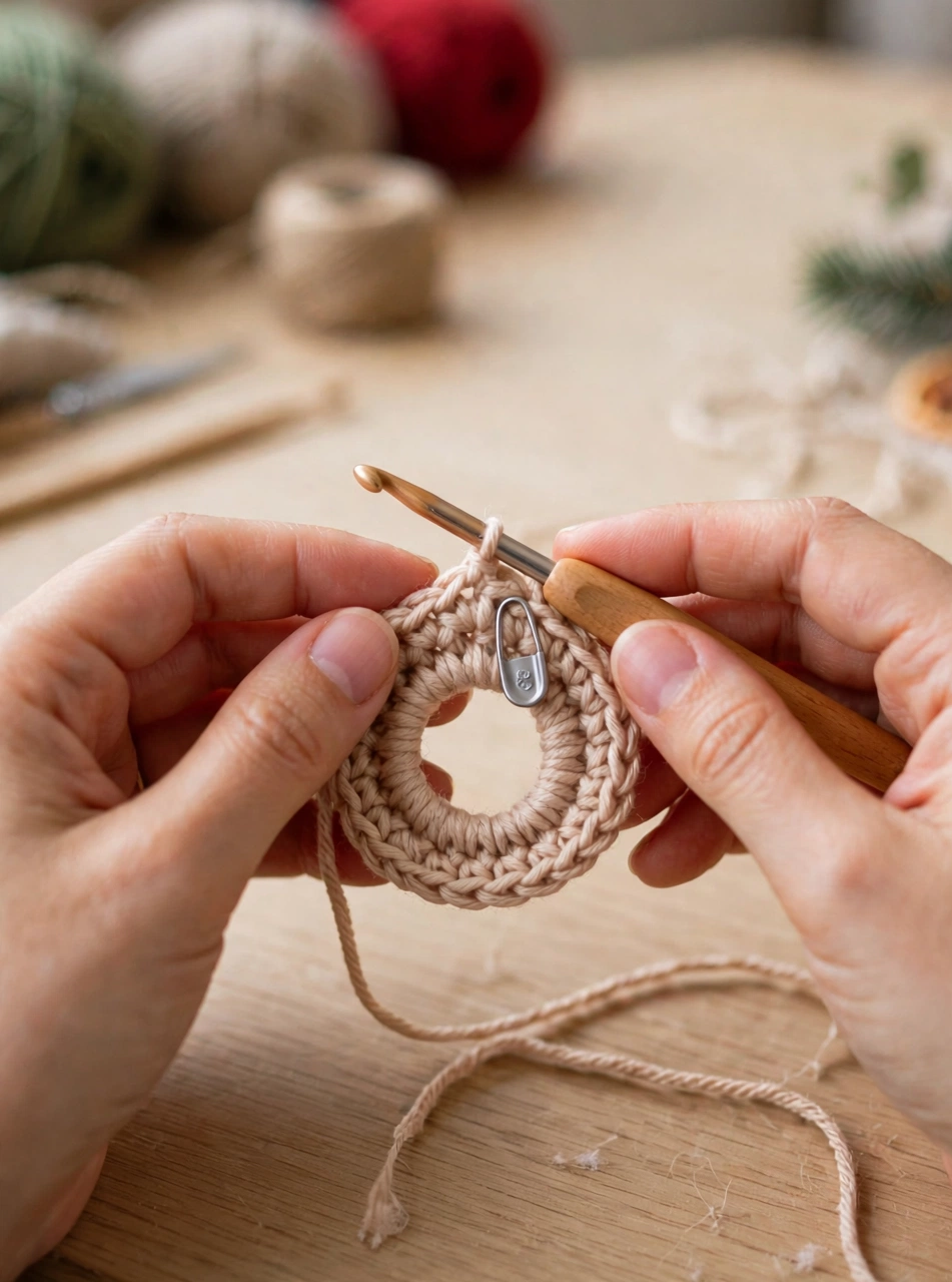 Step 1 of the crochet Christmas elf pattern — starting the magic ring for the elf's head in skin-tone yarn