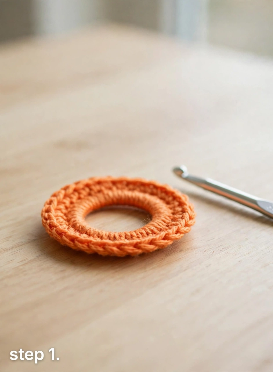 Crochet magic ring in orange yarn with a crochet hook - first step of the crochet jack-o-lantern pattern