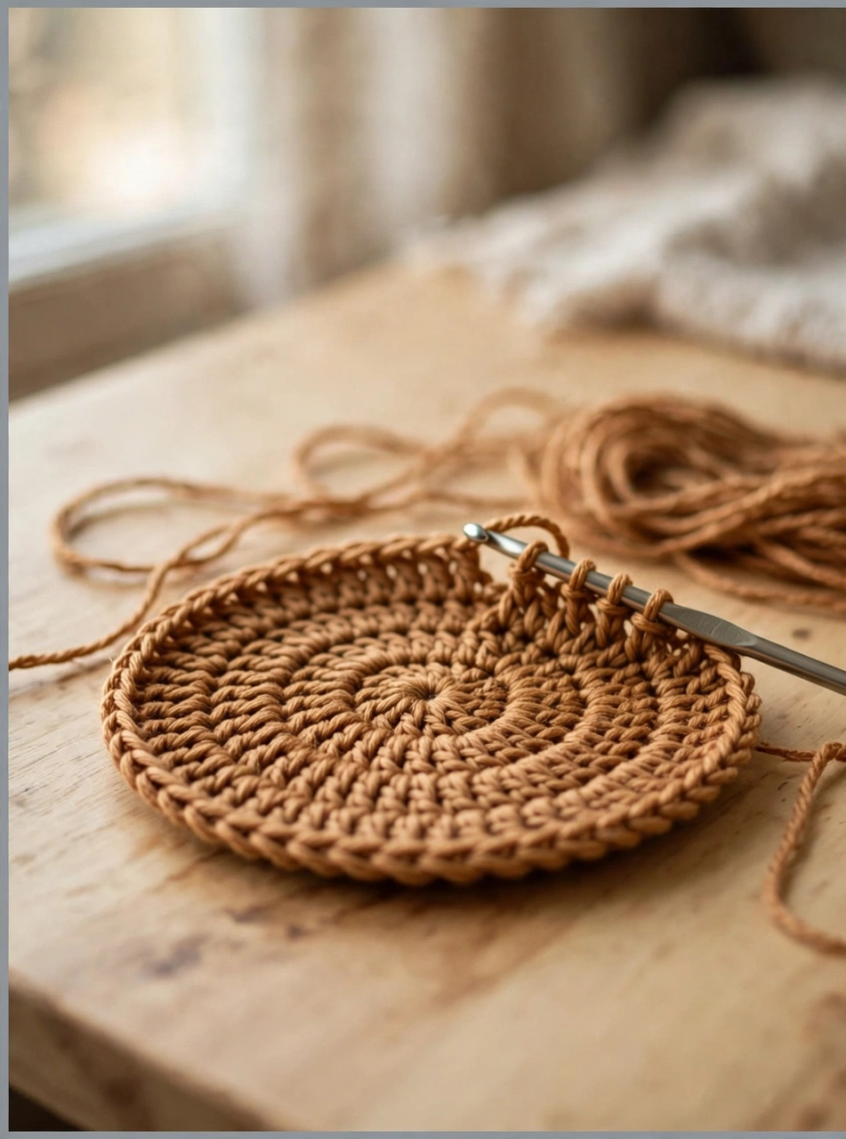 Crocheting the round caramel coaster base for the crochet bear mug buddy pattern