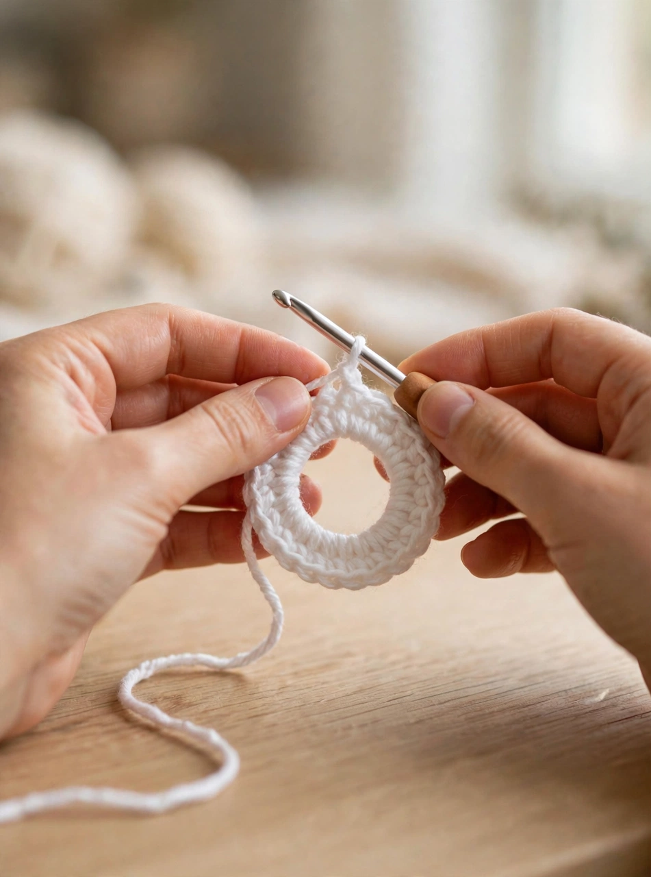 Step 1 of the crochet candy corn pattern: starting a white yarn magic ring