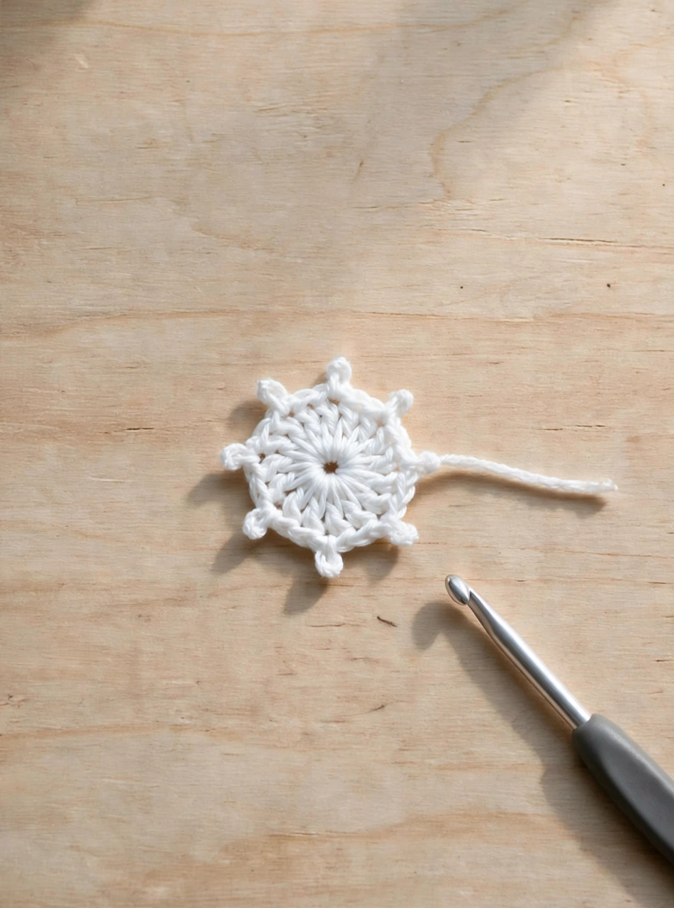 Step 1 of the crochet snowflake ornament pattern: the white magic ring centre with 12 single crochet stitches