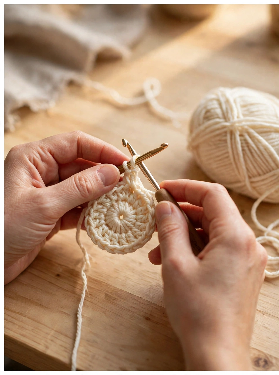 Cream magic ring centre for a crochet Christmas star ornament pattern