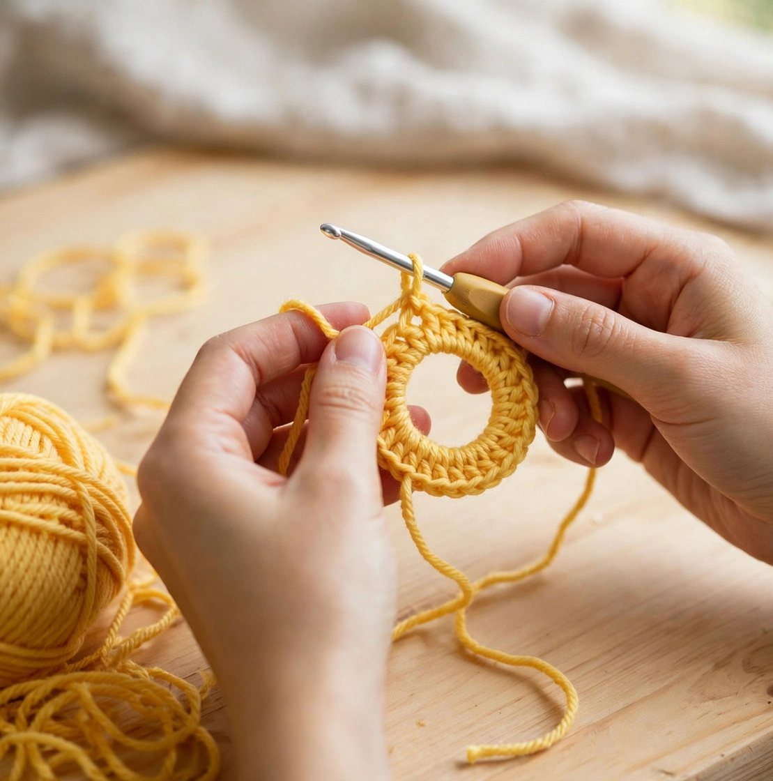 Starting a crochet bee pattern with a yellow magic ring on a light wooden table