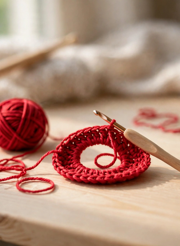 Starting the crochet mushroom pattern with a magic ring in red yarn
