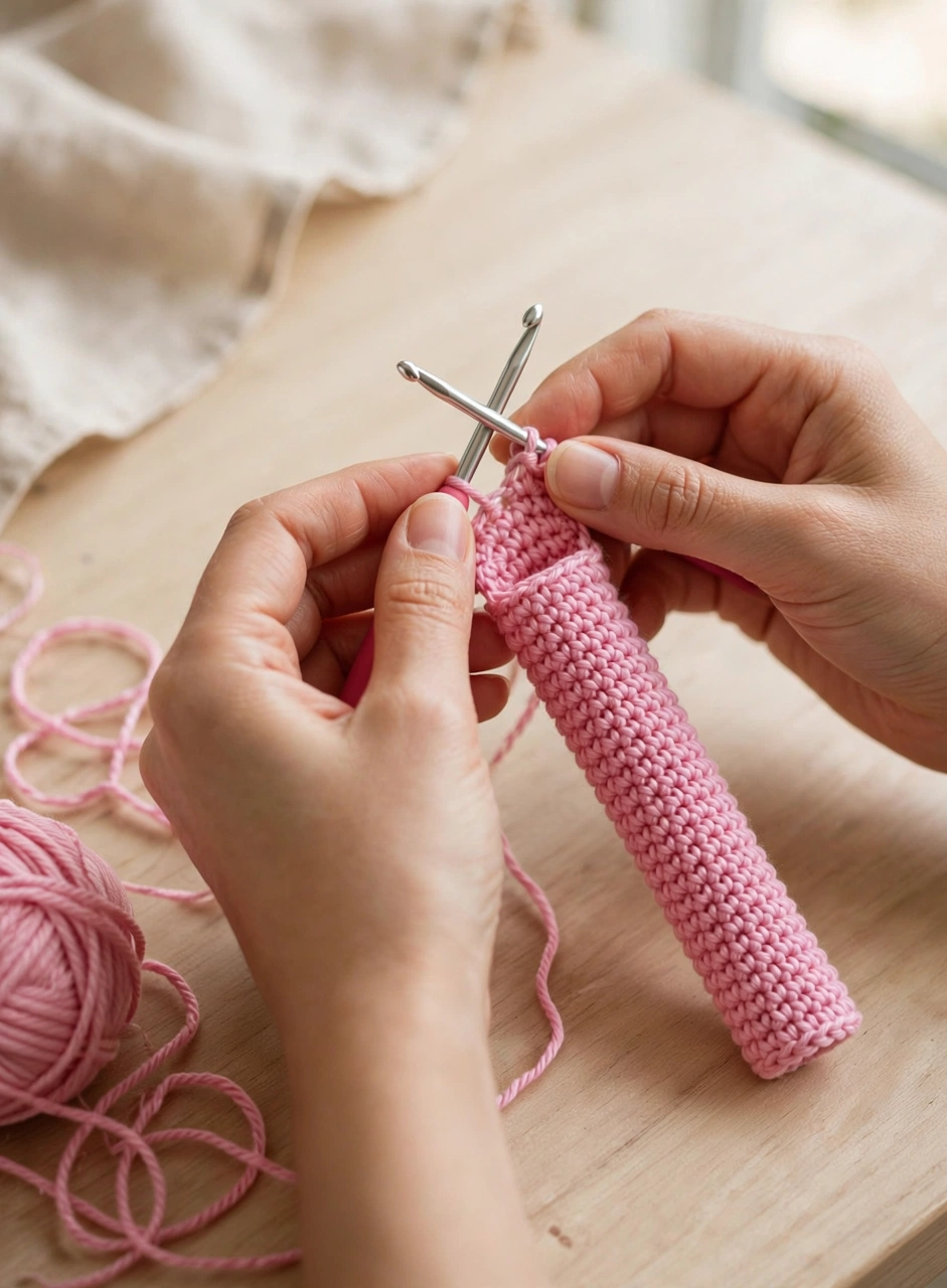 Step 1: chaining the pink base of the crochet lip balm holder