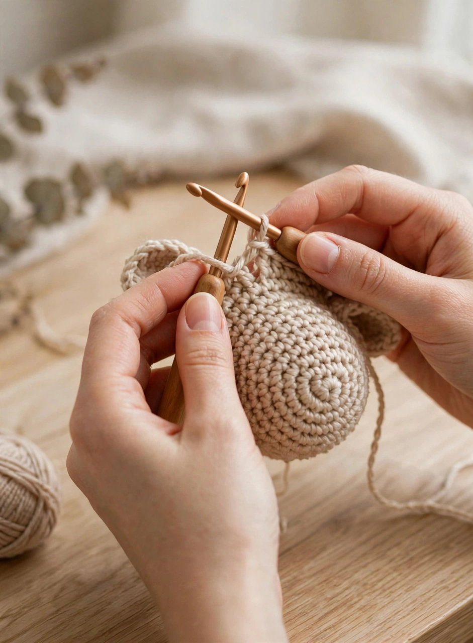 Step 1: crocheting the beige round head of the sheep keychain