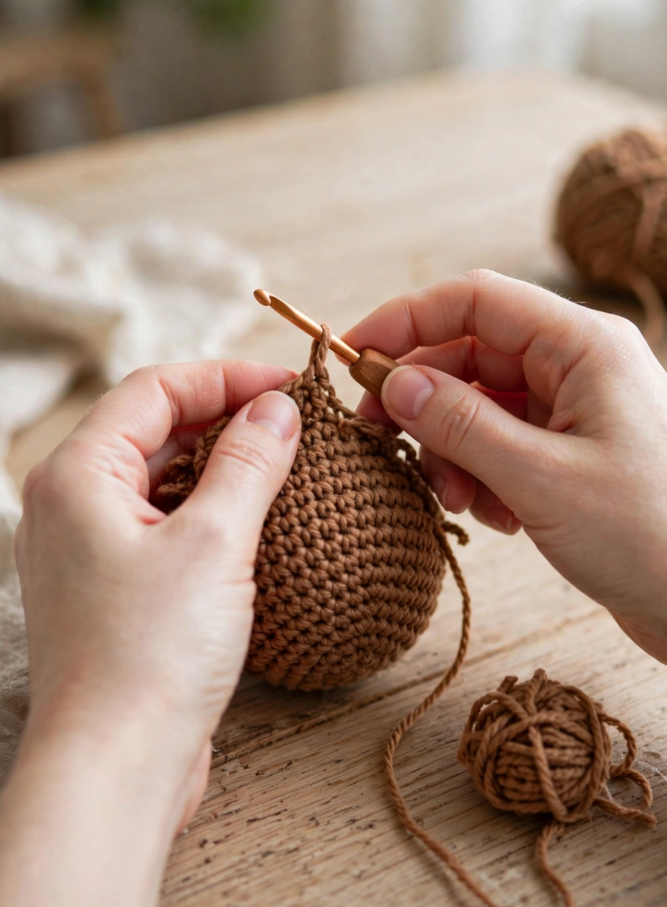 Crocheting the round brown body of the Highland cow