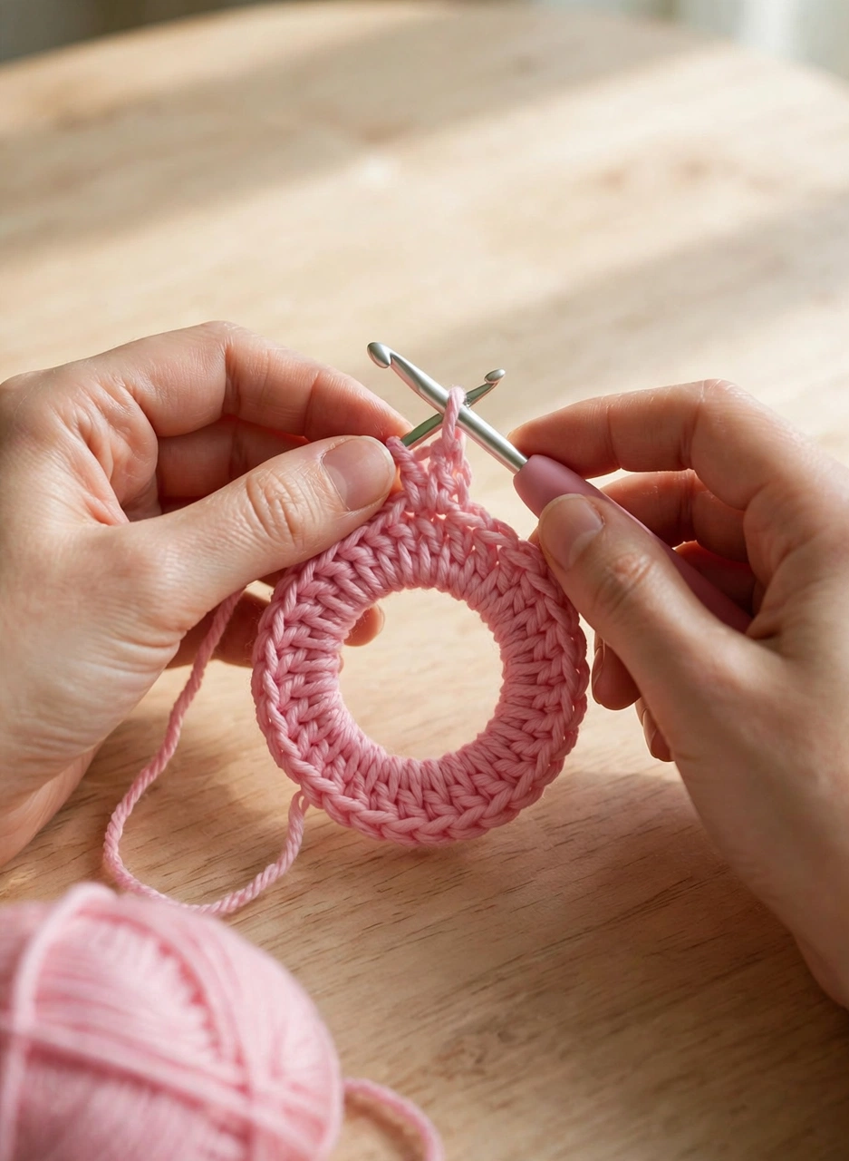 Step 1: starting a magic ring with pink yarn for the crochet axolotl pattern