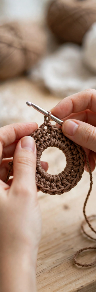 Starting the teddy bear head with a magic ring in brown yarn