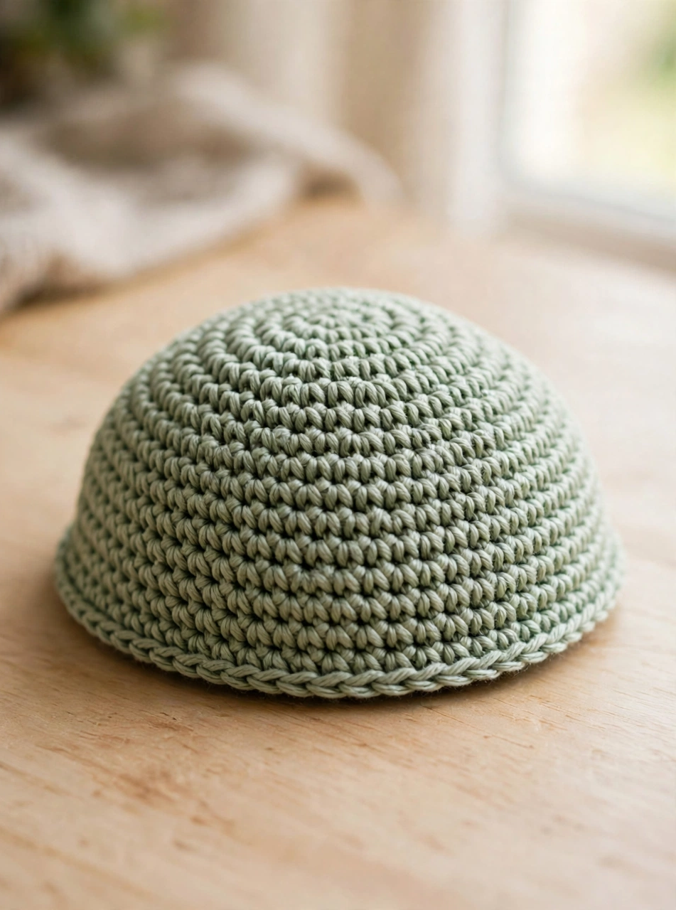 Growing the sage green shell dome in spiral rounds for the turtle amigurumi pattern