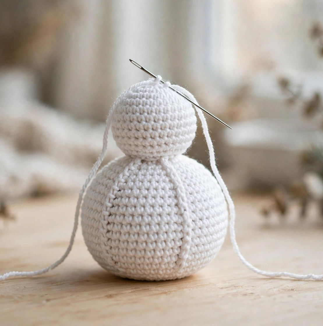 Step 2 - Joining the smaller white head sphere to the body of the crochet snowman