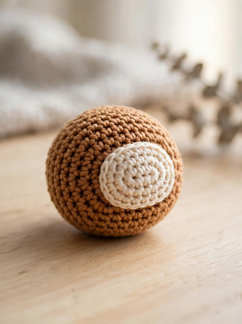 Crochet reindeer pattern step 2: the finished brown head with the cream oval muzzle sewn on