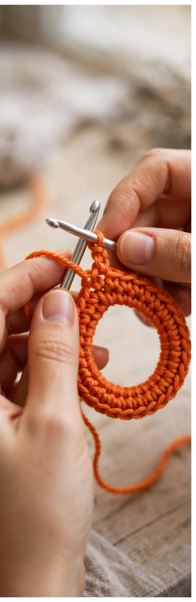 Halloween pumpkin crochet pattern step 1: hands starting the pumpkin body with a magic ring and orange yarn
