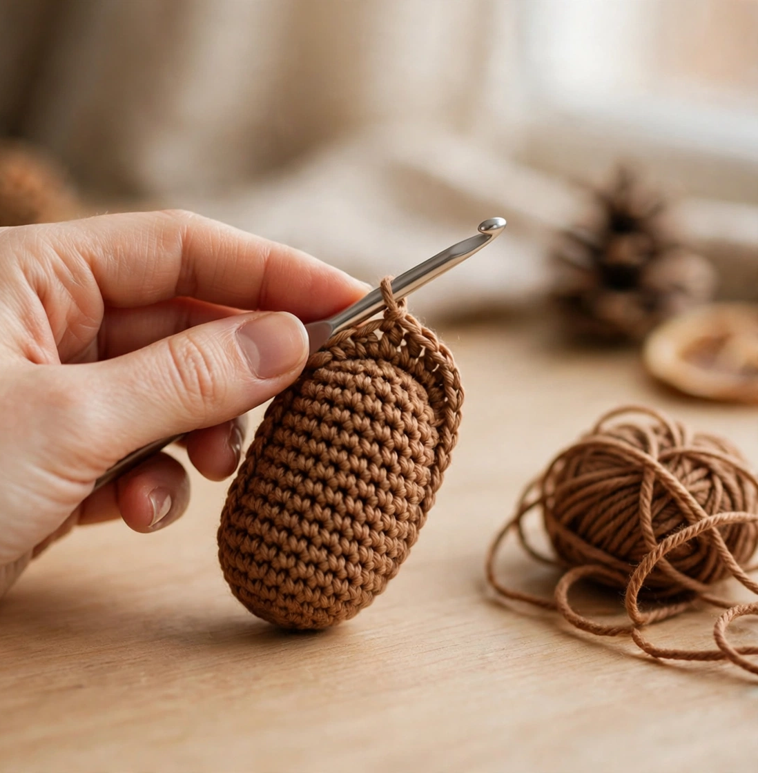 Crochet gingerbread man pattern step 2: the warm brown oval body of the gingerbread man in progress