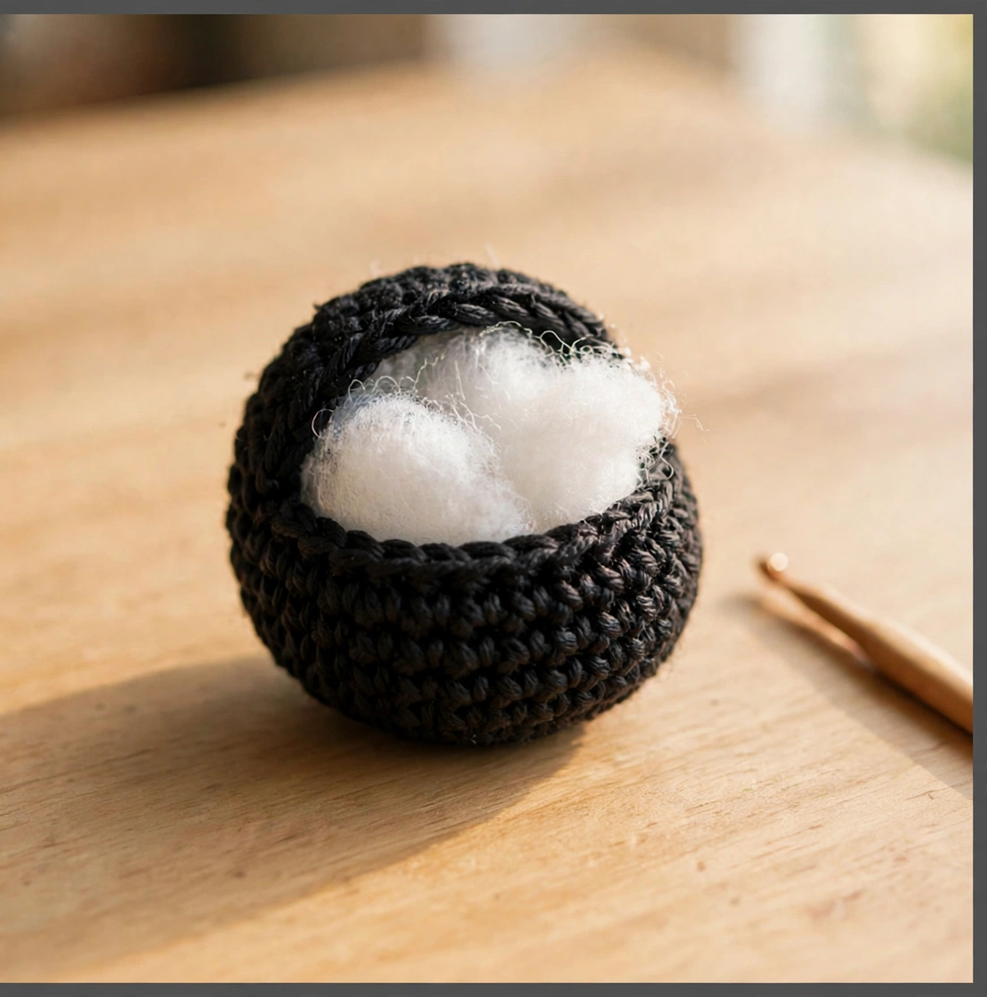 Crocheting the round black bat body in single crochet rounds