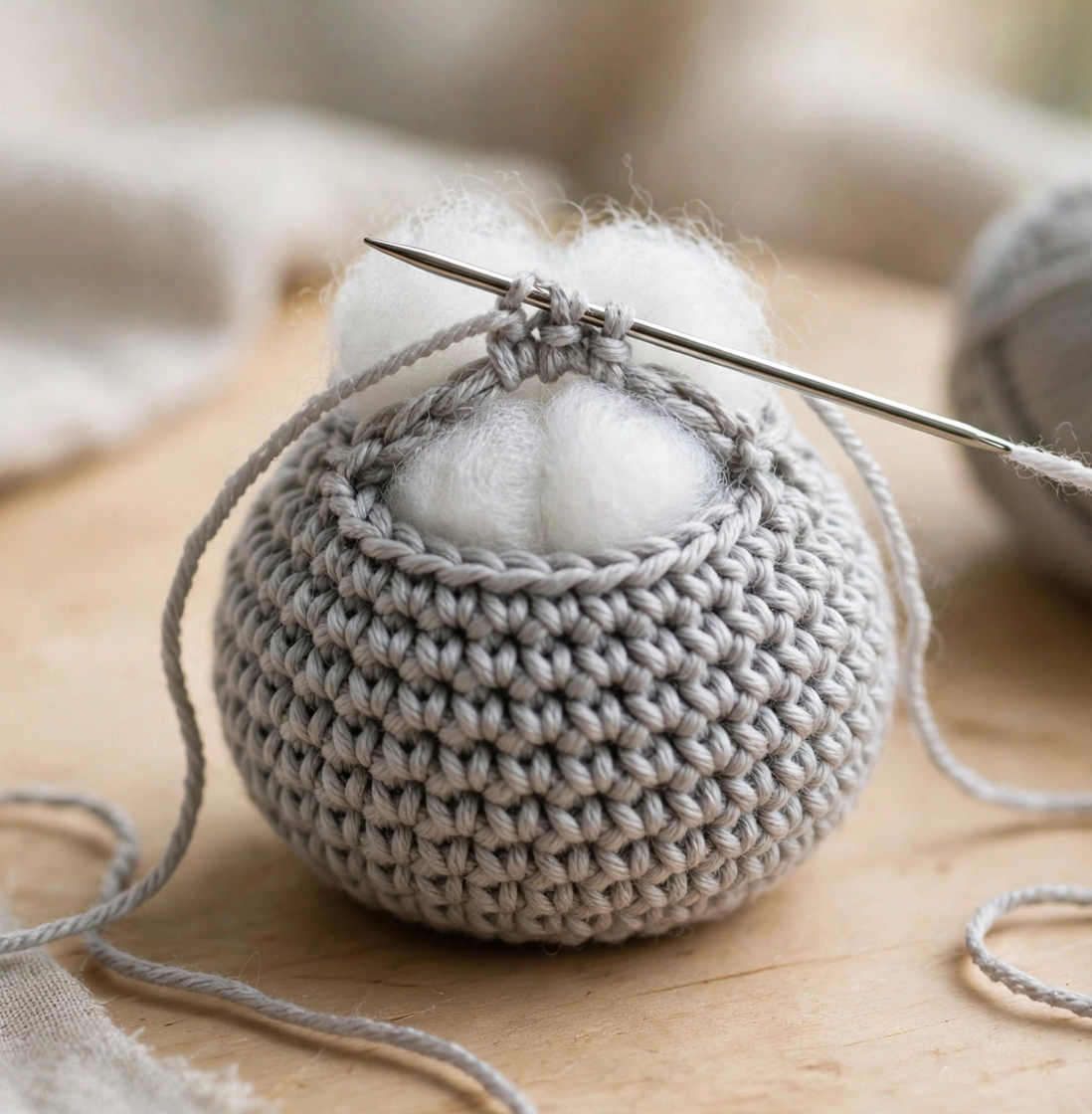 Step 2 of the crochet Christmas gnome pattern: stuffing the round body with fiberfill.