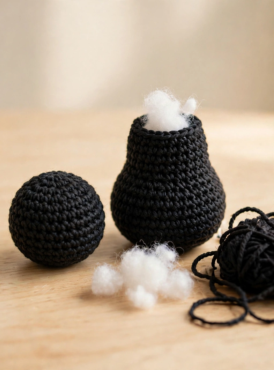Crochet pumpkin kitty pattern step 2: the round head and pear-shaped body of the black kitty, stuffed with fiberfill