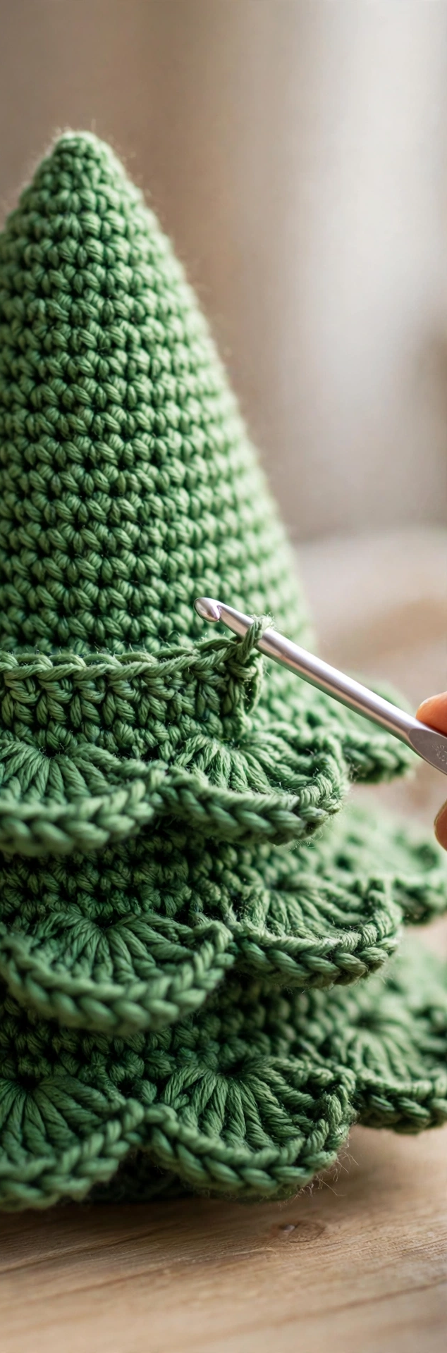 Step 2 of the crochet Christmas tree pattern: crocheting the widest tier of the tree