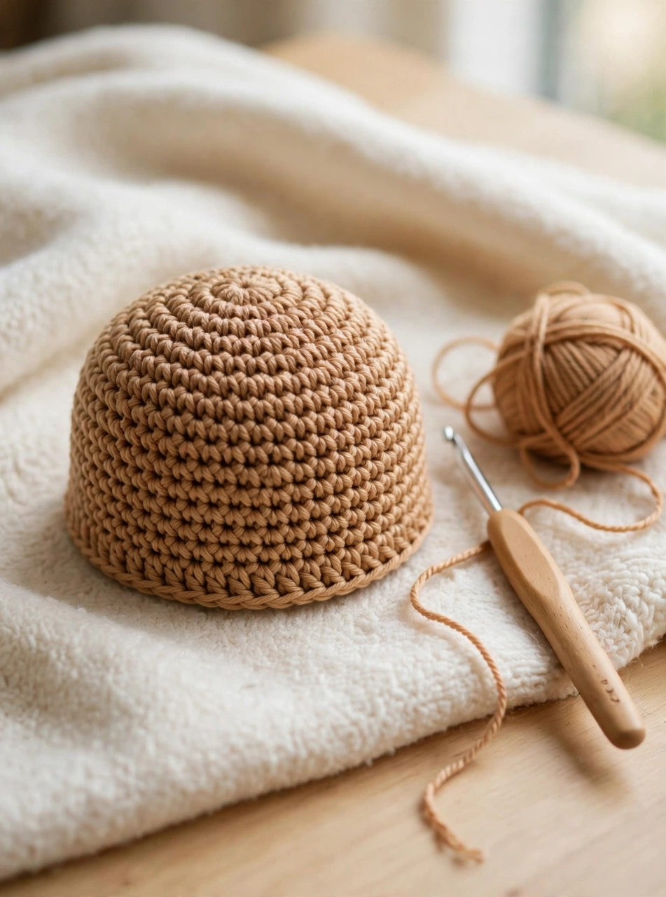 Crochet baby bear hat pattern step 2: the smooth dome-shaped hat body worked even in half double crochet